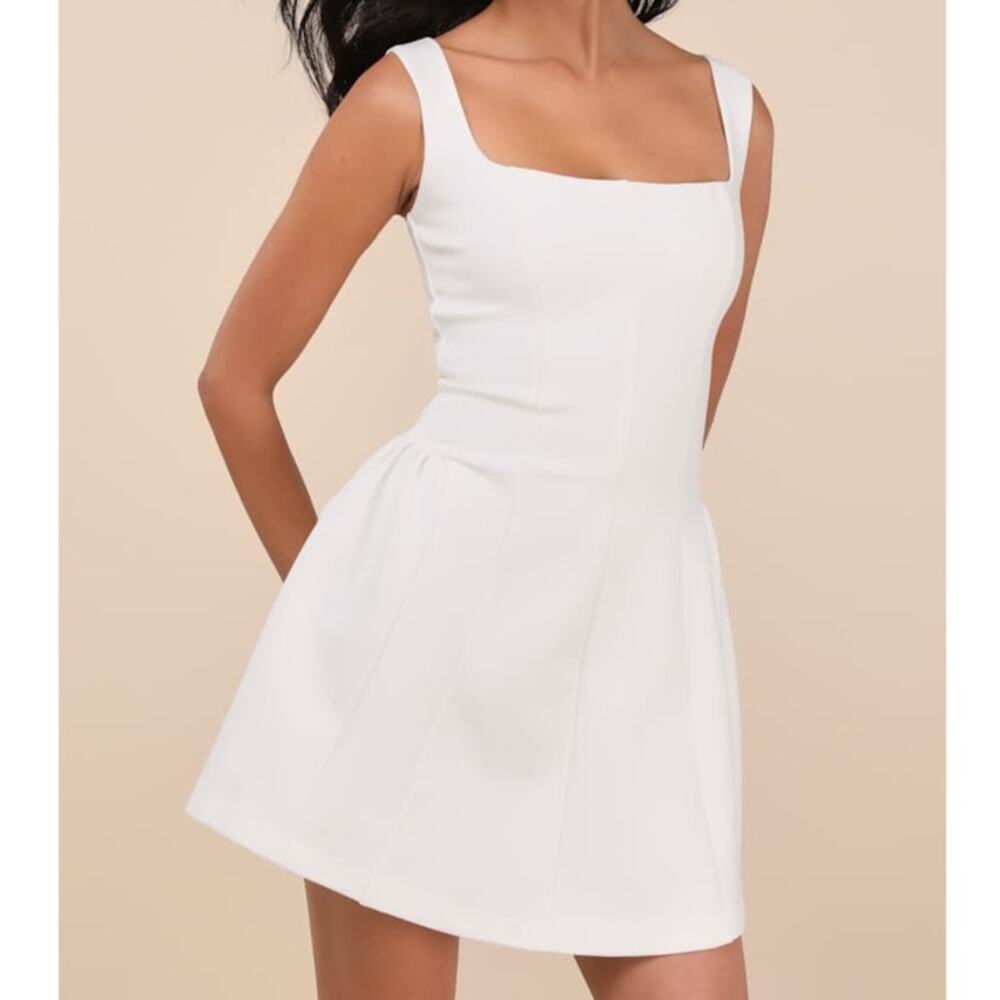 NEW Lulus Roetta White Sleeveless Square Neck Fitted Pleated Mini Dress Large